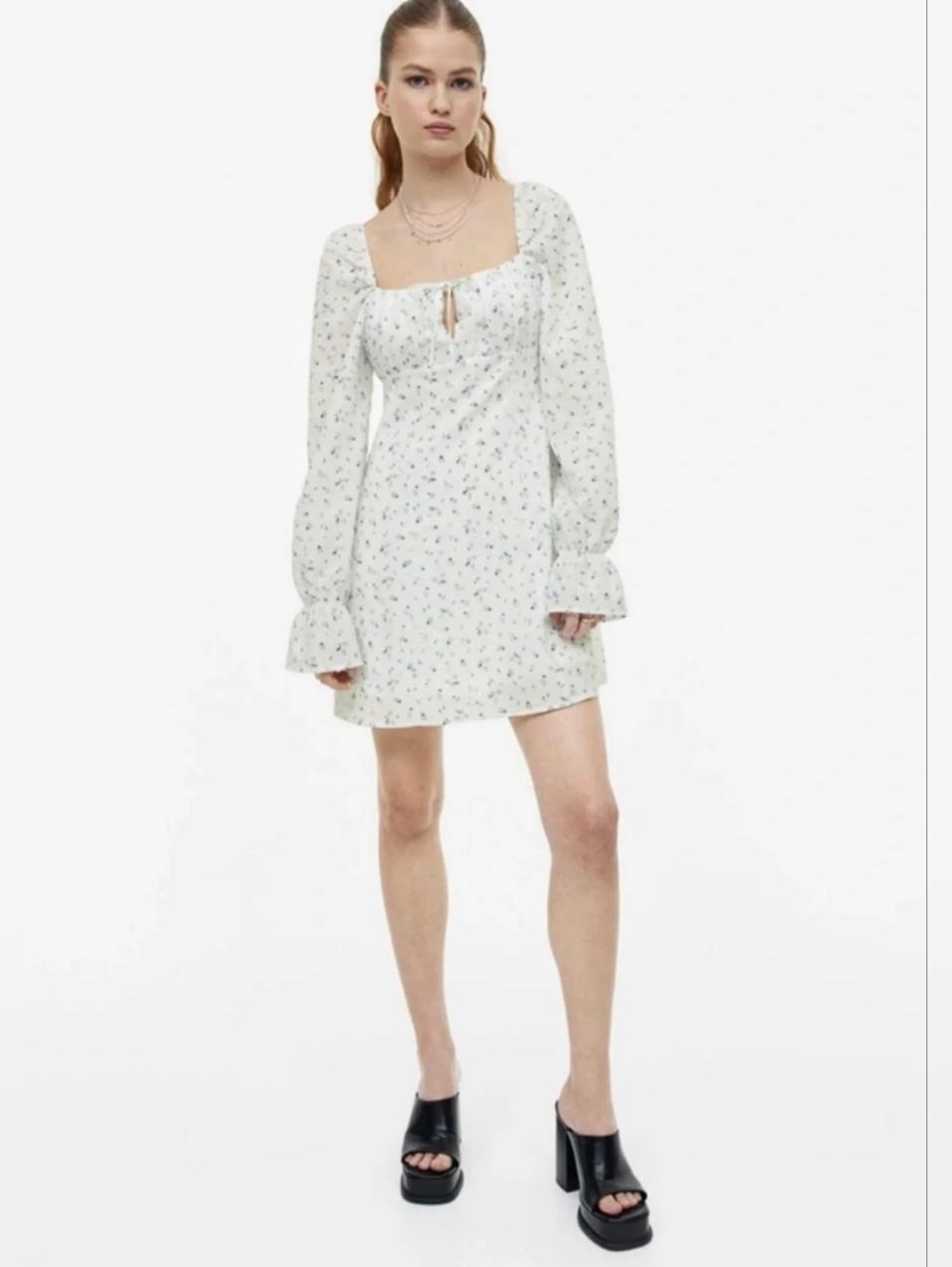 H&M White Blue Floral Tie Neck Mini Dress Size S Cottagecore Boho